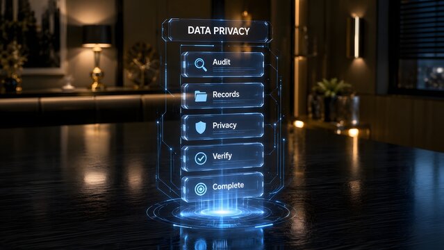 Digital holographic interface displaying concepts of data privacy protection