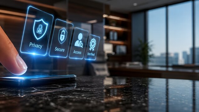 Digital interface displaying data privacy and cybersecurity protection icons