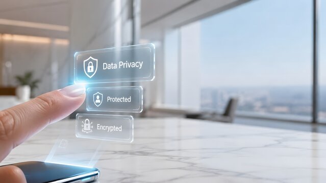 Finger touching digital interface representing global data privacy protection