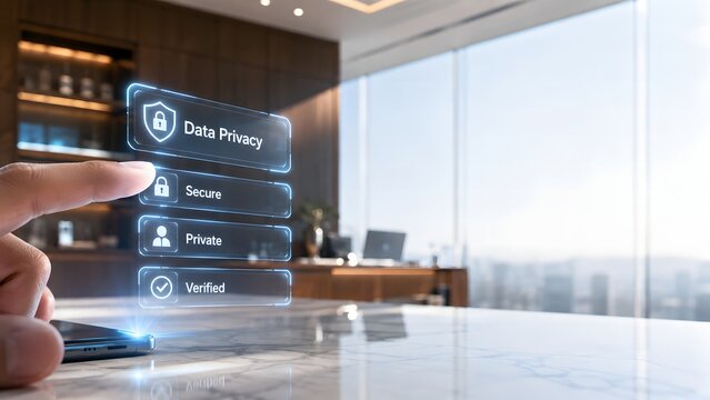 Business professional managing data privacy settings on holographic interface