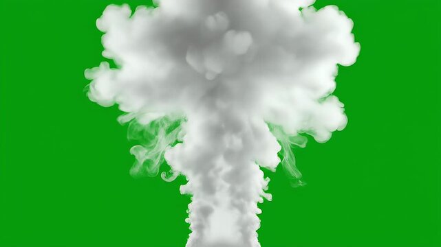 A large, white, mushroom-shaped cloud erupts against a vibrant green background