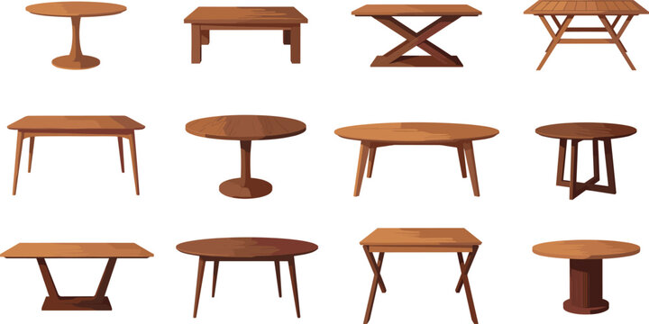 Wooden Table Furniture Vector Icon Set with Modern and Classical Dining Tables Coffee Tables and Desks for Interior Layout Graphic Designs