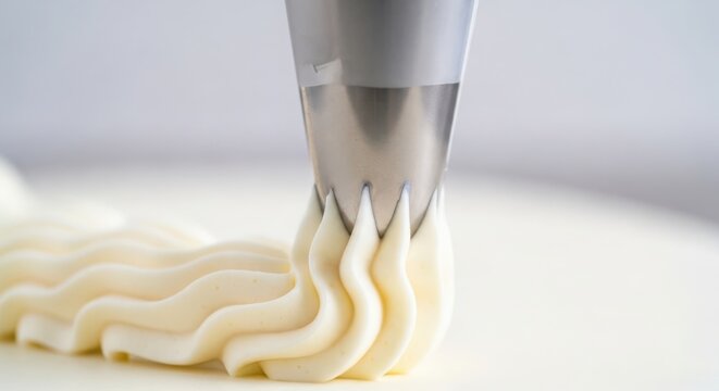 Piping white frosting from a metal pastry bag onto cake isolated on transparent background
