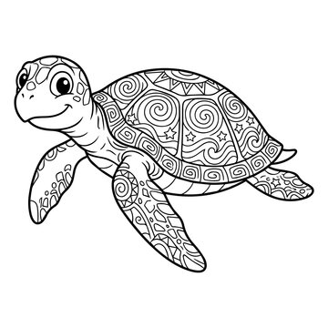 Cute sea turtle with intricate shell patterns, black and white line for children coloring book activity