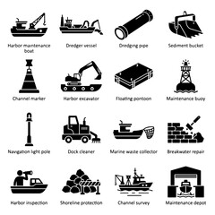 Sixteen black and white depicting harbor maintenance equipment, dredging vessels, channel markers, and various maritime construction tools © Mia1000