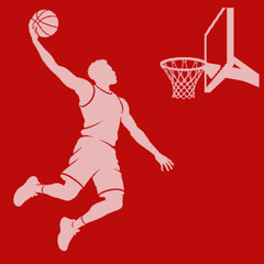 Basketball player jumping for slam dunk silhouette with hoop background in red stippled halftone effect graphic art. © Md Asif Shahnaoaz