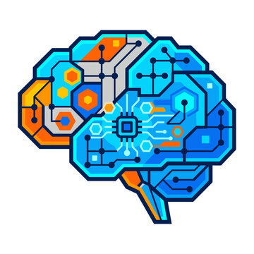 A stylized brain shows circuit patterns. Colors are blue orange and gray.