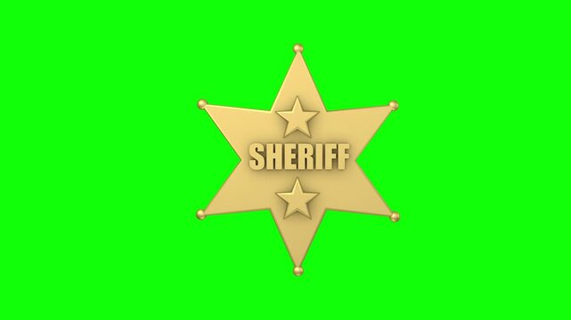 Golden sheriff badge rotates 360 degrees in a seamless loop on a chromakey background, representing western law, authority and Wild West culture. 3D animation