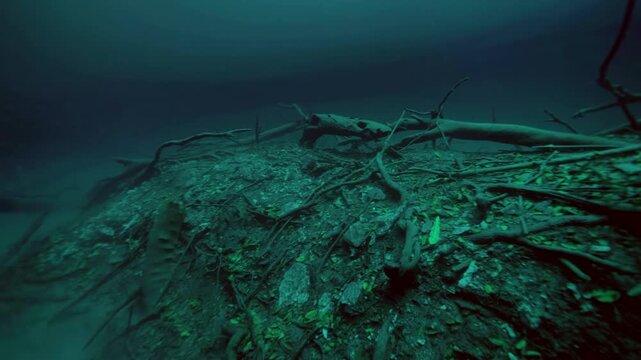 Wide underwater view of submerged roots stretching over the sediment floor in Cenote Angelita, Quintana Roo, Mexico.
