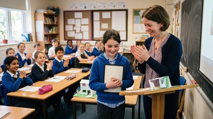 Fototapeta premium Happy teacher applauds student receiving award in classroom during lesson
