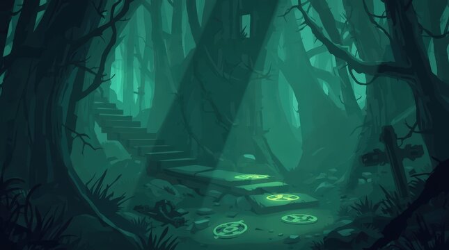 Mysterious Forest Stairway: An ethereal stairway ascends through a dark, enchanted forest, illuminated by shafts of mystical light, with arcane symbols on the path.