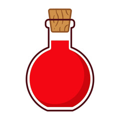 Round glass bottle with red magic potion and cork stopper vector illustration