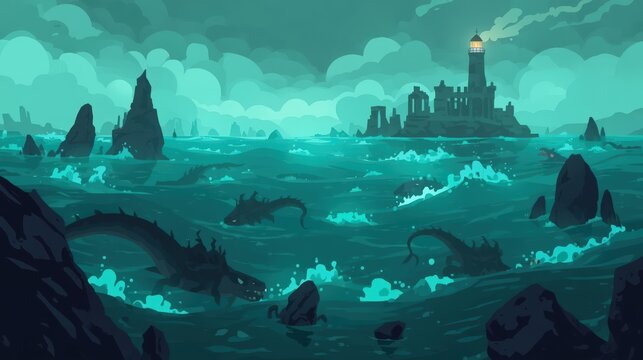 Mysterious Sea Creatures and Lighthouse: An eerie, bioluminescent sea with mysterious creatures lurking beneath the waves, near a haunting lighthouse perched on rocky shores.