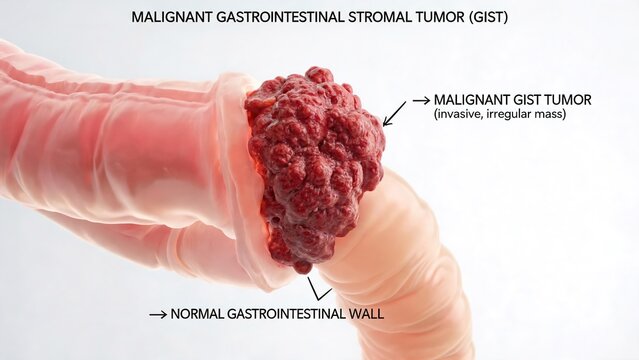 3D medical illustration of malignant gastrointestinal stromal tumor (GIST) protruding from intestinal wall, labeled invasive cancer mass and normal gastrointestinal tissue, isolated light gray backgro