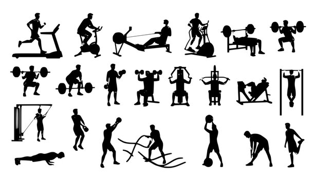 Male Fitness Exercise Collection with Gym Equipment Cardio and Strength Training Vector Set