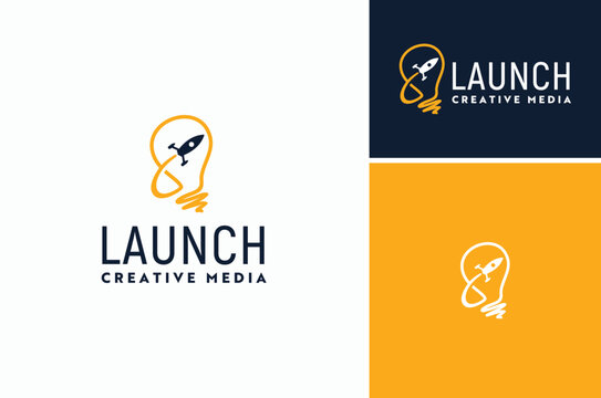 Light Bulb Lamp with Jet Plane Spacecraft Spaceship Launch with Simple Line Sketch Stroke Signature Logo Design