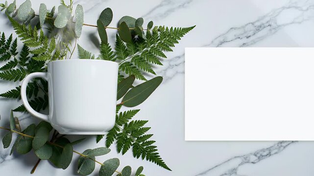 A white mug rests on marble with greenery and blank space
