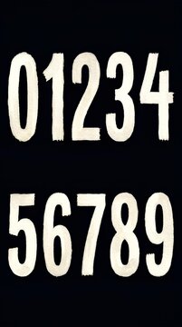 Vintage style white numbers zero to nine on black background.