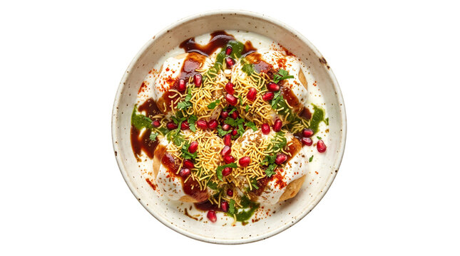 Dahi Puri Indian street food snack, traditional Chaat with yogurt and tamarind chutney, crispy puri shells topped with pomegranate and sev