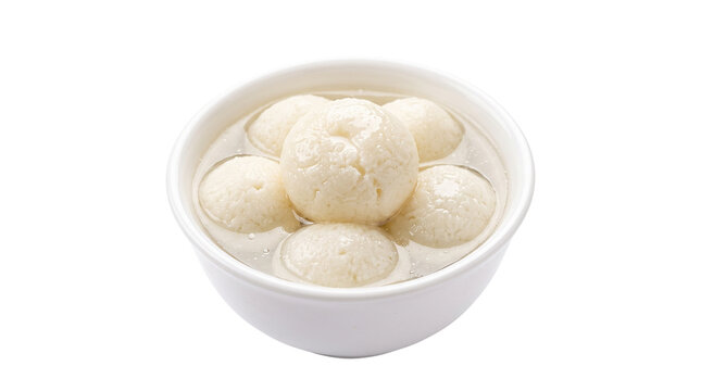 Traditional Rasgulla Indian dessert in a white bowl, soft spongy cheese balls in sugar syrup, authentic Bengali sweet isolated on white background