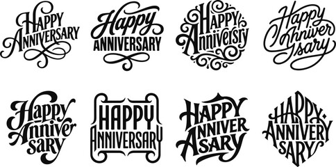Set of decorative happy anniversary typography designs featuring various hand lettered styles for greeting cards and invitations © 2h.designer07