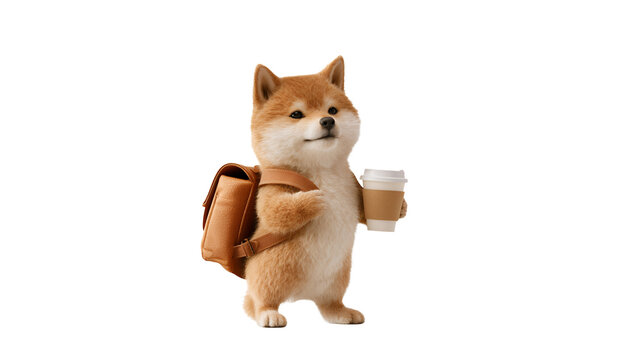 Cute shiba inu carrying coffee and briefcase isolated on white background