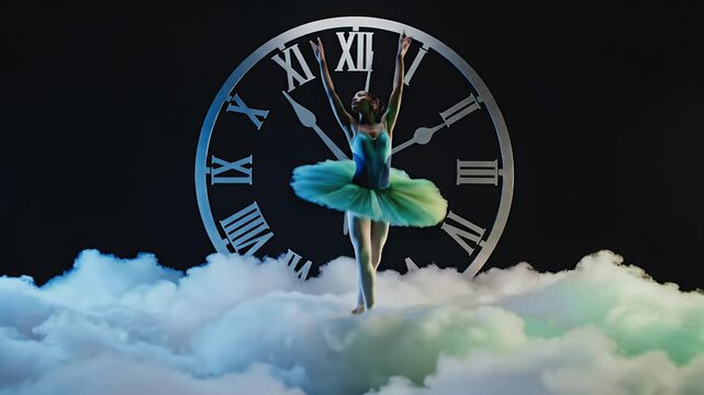 Ballerina dances on clouds before large Roman numeral clock