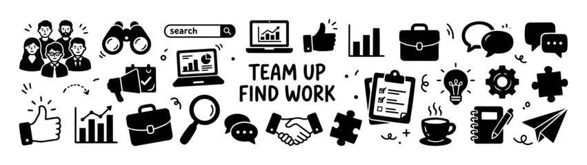 Fototapeta premium Teamwork and job search concept vector illustrations. Set of black and white business icons for productivity, communication, planning, marketing, analysis, office work, and career development