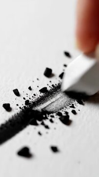 Hand erasing a charcoal line on paper, creating art