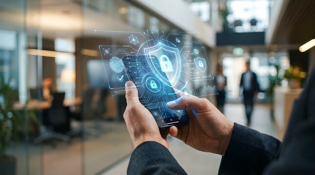 Business professional using smartphone with cybersecurity and biometric authentication for mobile data protection