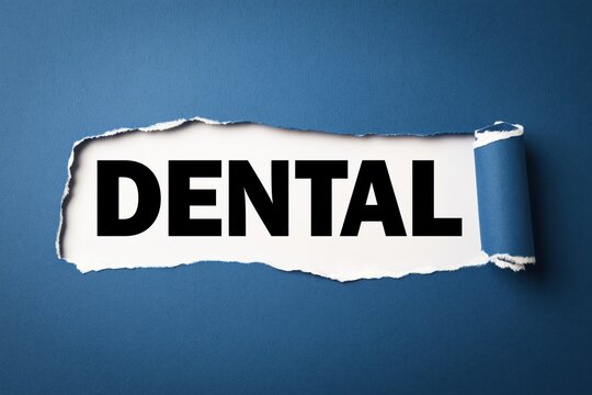 Black text dental written under torn blue paper