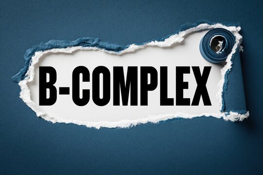 Black text b-complex written under torn blue paper