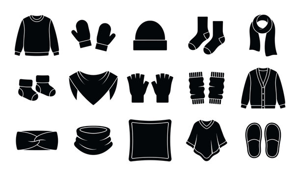 Winter and cold weather vector icons with sweater, mittens and scarf for mobile app design in solid glyph style