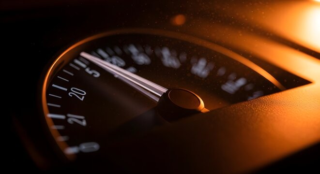 Close up of a car speedometer dial glowing with amber light on a dark dashboard