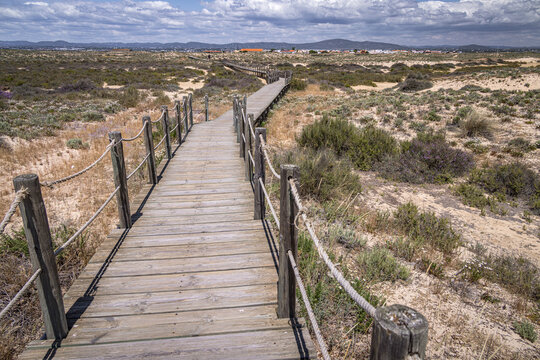 Boardwalk across Culatra Island, Ria Formosa Natural Reserve, Olh&atilde;o, Algarve, Portugal	