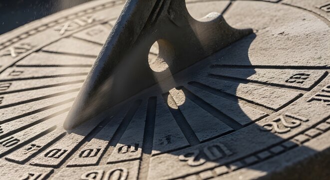 Close up of a carved stone sundial showing time through shadows in bright natural sunlight outdoors