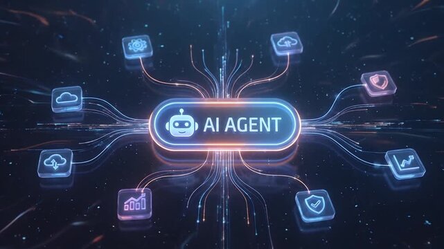 Blue glowing AI Agent interface button with floating holographic data cubes in digital space