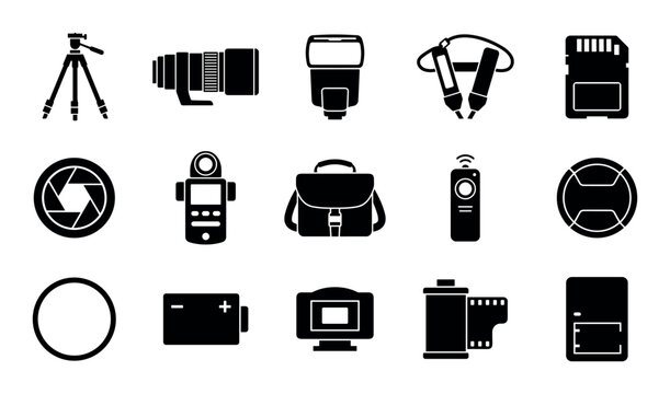 Photography and camera vector icons with tripod, lens and memory card for web design in solid glyph style