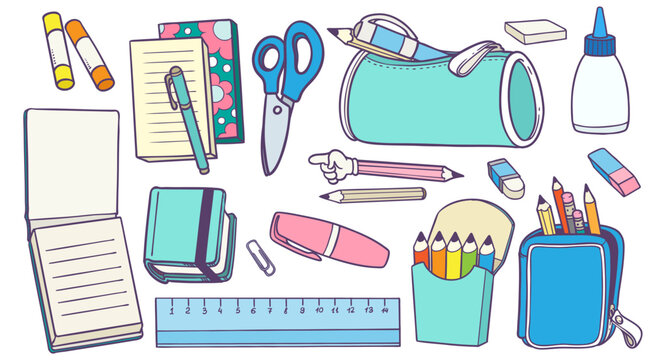 Big set of stationery supplies - notepads, erasers, scissors, pencils, pens and pencil cases