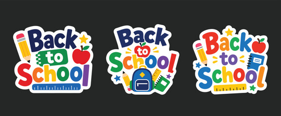Fototapeta premium Colorful Back to School Typography Sticker Set with School Supplies and Education Elements