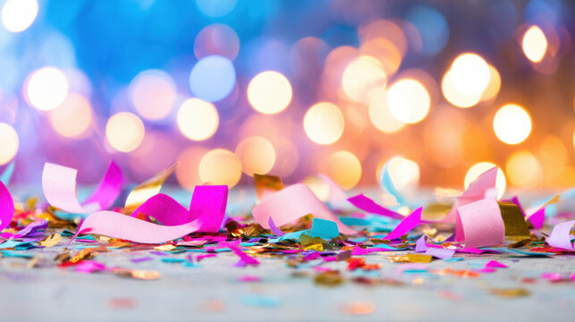 Colorful confetti lies on a table with blurred lights in the background