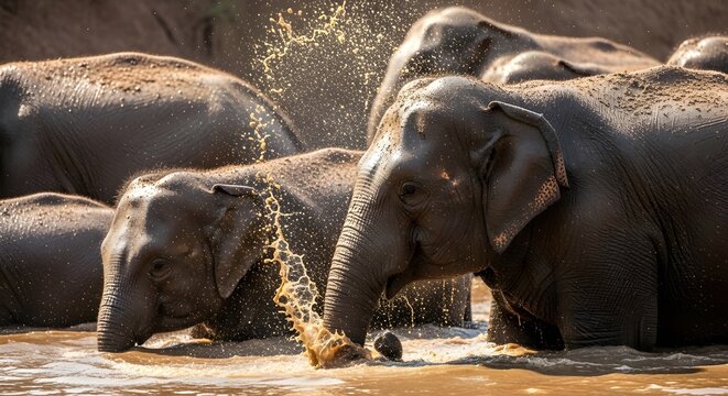 Asian elephants splashing water and playing in a muddy river during golden hour in the wild