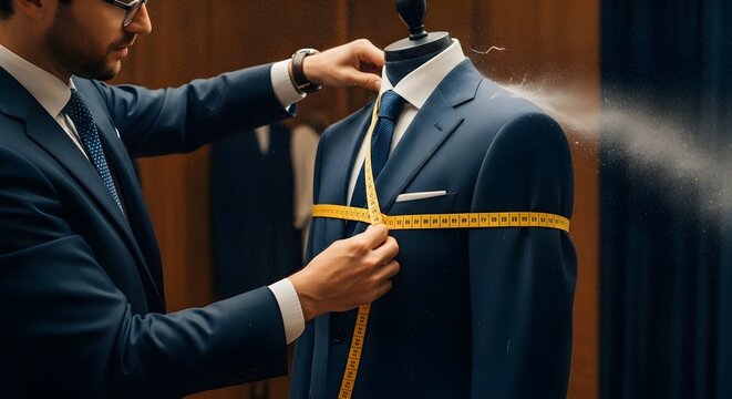 Male tailor measuring blue suit jacket on mannequin in professional workshop with dust particles
