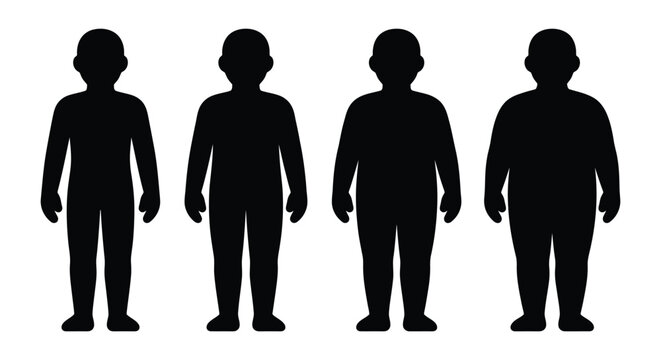 Body types comparison from slim to overweight showing weight variations.