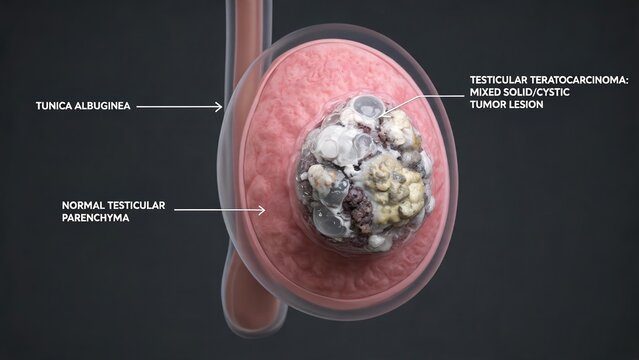 Top-down cross-section 3D medical illustration of testicular teratocarcinoma, labeled tunica albuginea, normal testicular parenchyma and mixed solid cystic tumor lesion, male reproductive oncology dia