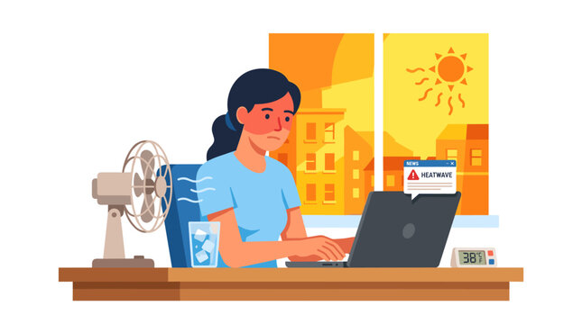 Woman working on laptop during extreme summer heatwave illustration