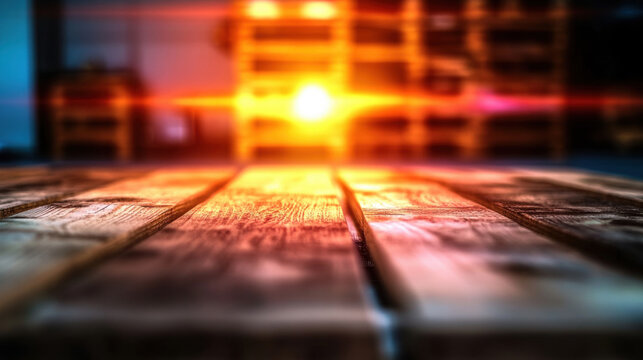 Wooden pallets in a warehouse illuminated by warm sunset light