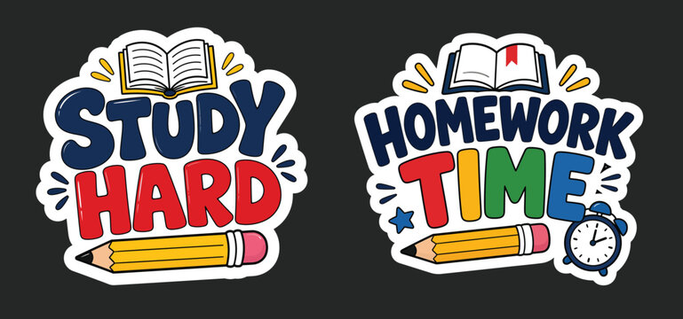 Study Hard and Homework Time Typography Sticker Set with Book, Pencil and Alarm Clock