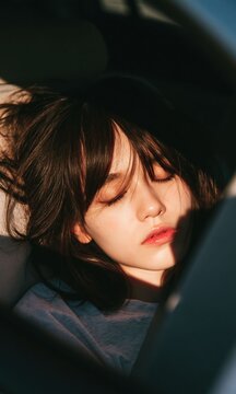 A woman sleeping in a car creates a calm lifestyle visual emphasizing comfort, safety, and modern transportation.