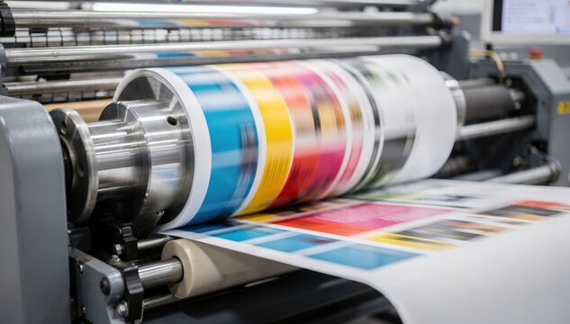 Shot capturing color plates on offset web press focused central drum vividly rolling bright broadsheet pages background machinery gently blurred for dynamic effect.